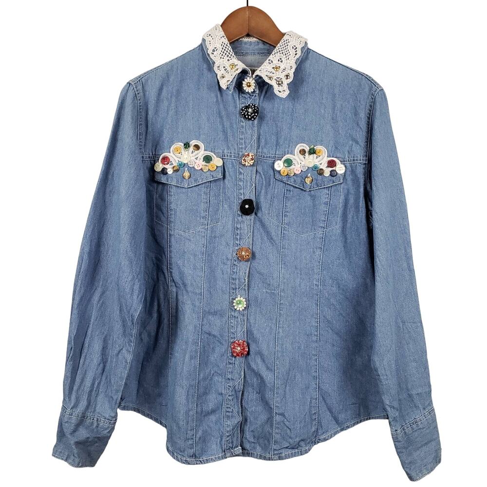 Vintage 80s Andrews Blues Button Up Buttons Granny Art Country Classic - M